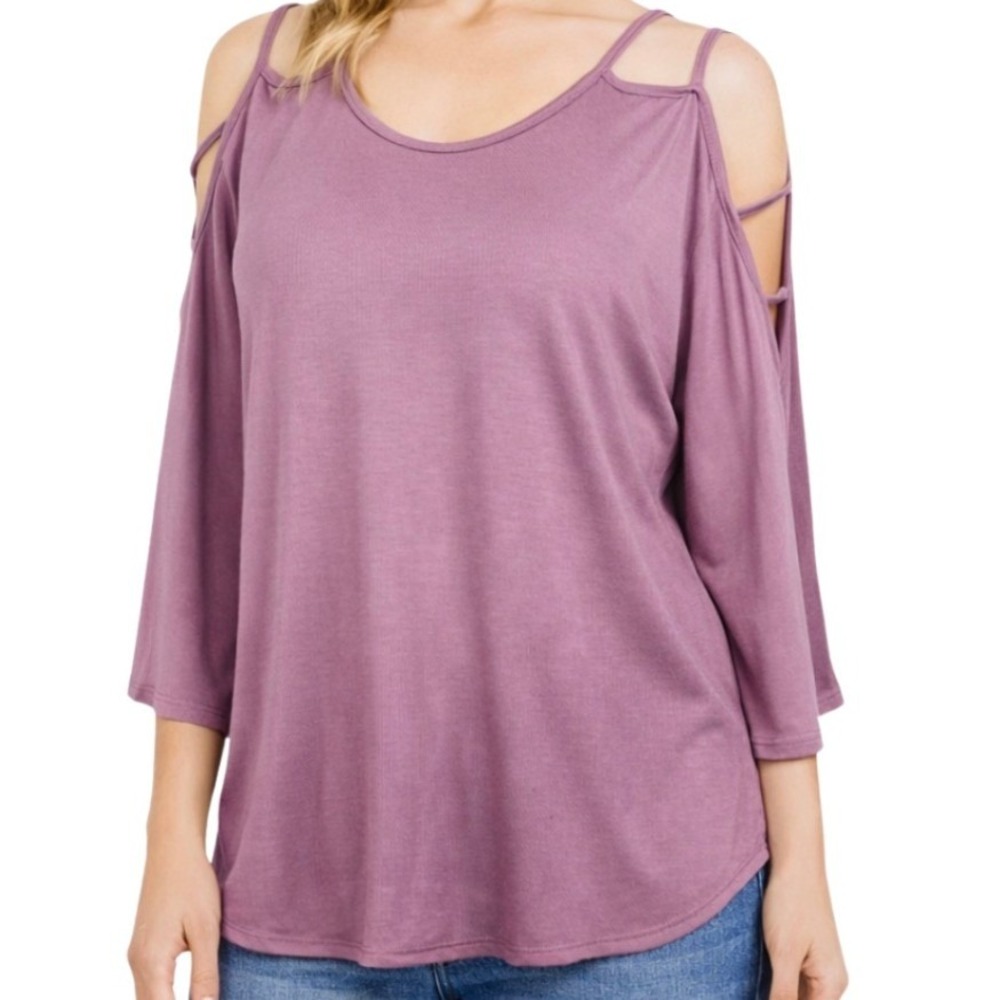 MTS Women Mauve Purple Bamboo Viscose Cold Shoulder 3/4 Sleeve Top Medium BT5087